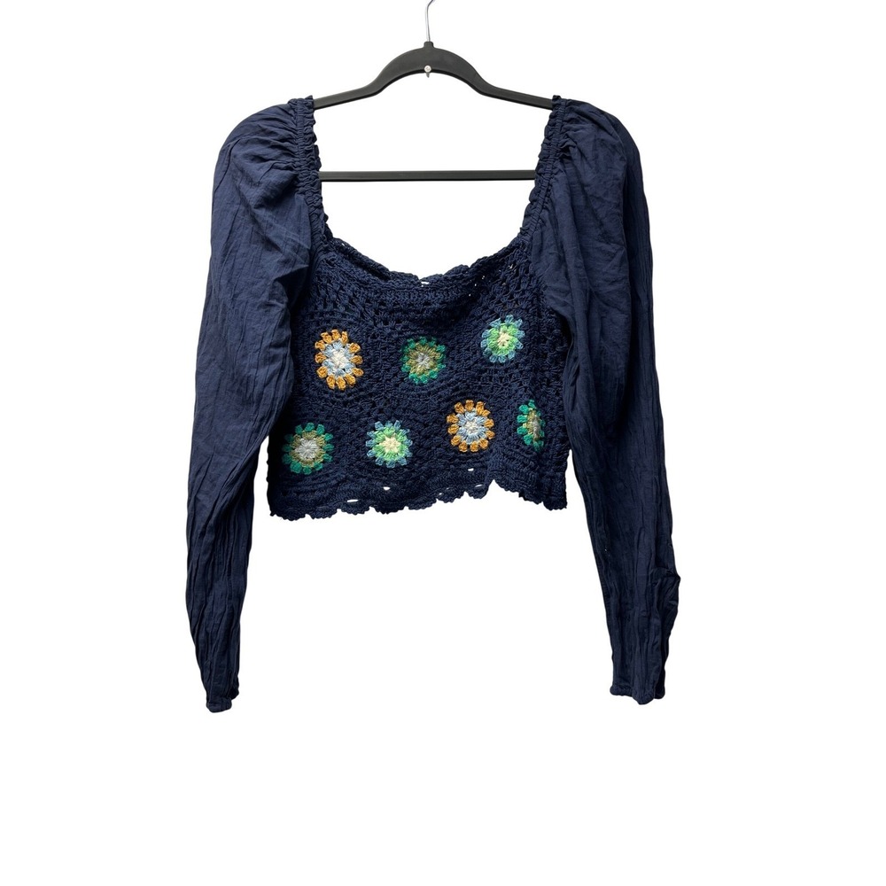 Aerie Crochet Crop Top L Navy 70s Peasant Hippie Retro Festival Ren Faire‎ Indie